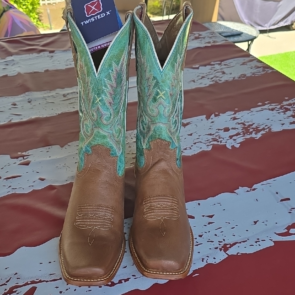 Twisted X Brown and Green Heeled Boots with Western Flair